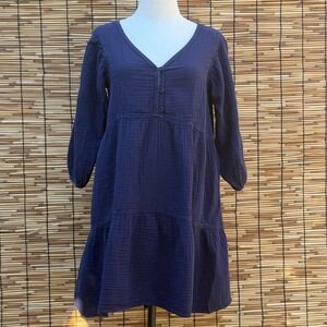 Mododoc Navy Blue Cotton Double Gauze Tiered V-Neck Mini Dress Small‎